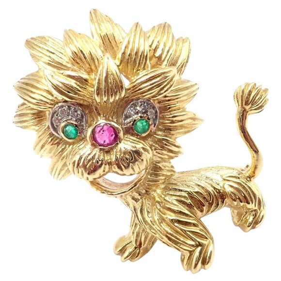 Authentic! Cartier Whimsical Dragon Lion 18k Yellow Gold Diamond Ruby Pin Brooch - Picture 1 of 14